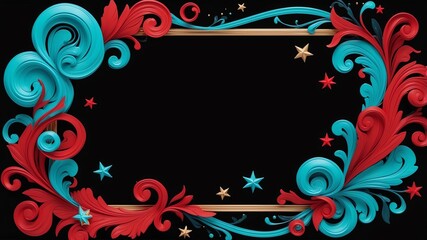 Cute turquoise and red swirls with stars border frame on black background