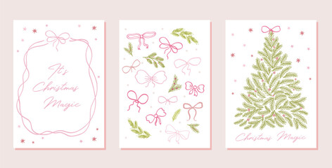 Elegant Christmas tree with a bow greeting card set, collection. Ribbons and bows design, poster in whimsical hand drawn vector style, magical Christmas atmosphere invitation