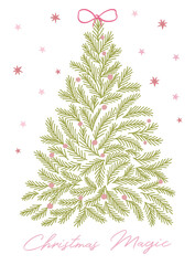 Elegant Christmas tree with a bow greeting card design, poster in whimsical hand drawn vector style, magical Christmas atmosphere invitation template