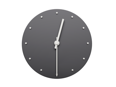 Simple clock gray 12:30 Half past 12 o clock. Modern Minimal Clock. 3D illustration
