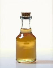 A small bottle of golden liquid.