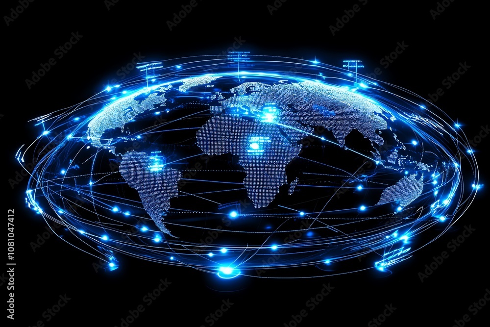 Poster a glowing blue digital globe with connecting lines, representing global interconnectedness.