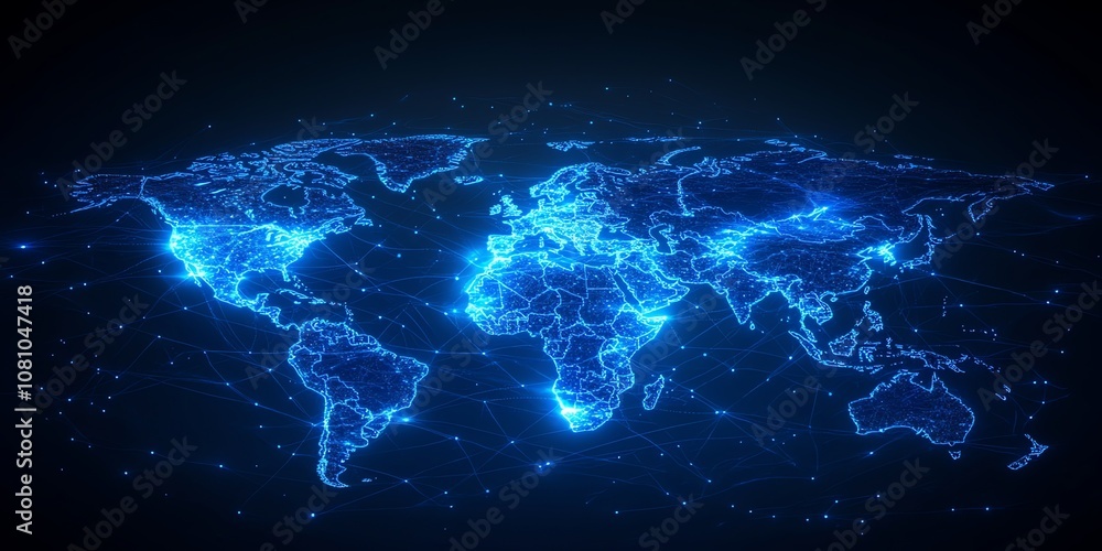 Poster a glowing blue digital world map with connecting lines against a black background.