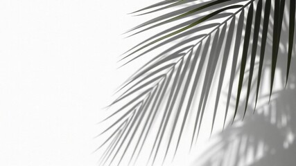 Obraz premium Shadow of palm leaf creating a beautiful silhouette on a clean white background, tropical, palm leaf