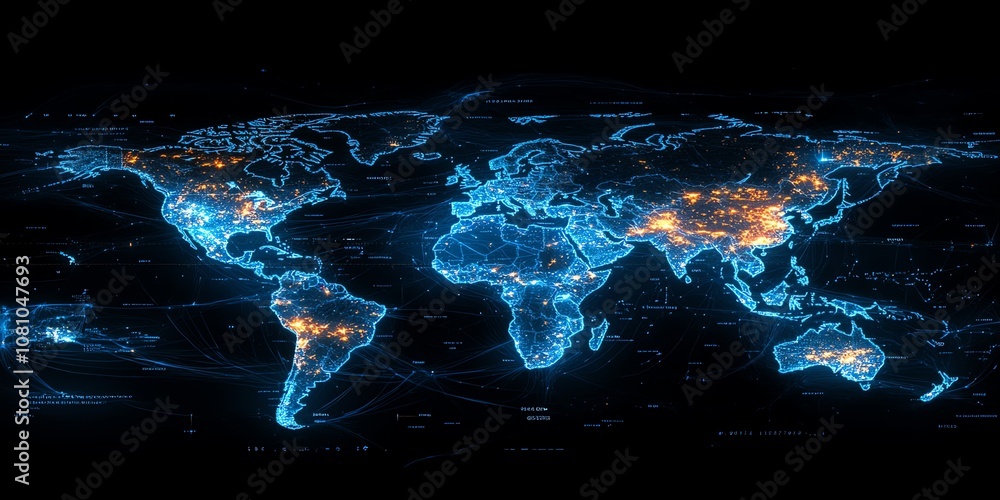 Fototapete A glowing digital world map with interconnected lines depicting global communication and networking.