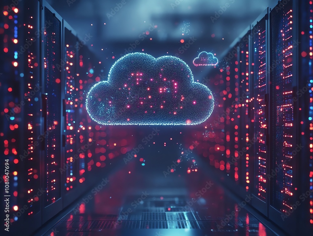Poster A glowing cloud icon floats in the center of a server room, representing cloud computing and data storage.