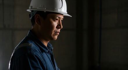 Obraz premium Professional construction worker in hard hat on site