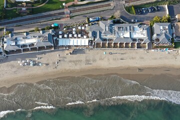 Aerial shot of buildings on the California coast of Montecito