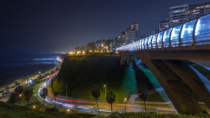 Villena Bridge with traffic and partial City view in the Background night timelapse hyperlapse, Lima, Peru.