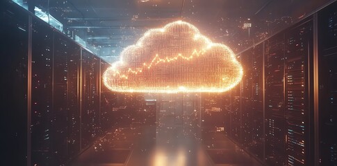 A glowing cloud symbol hovers over a server room, representing the growth of cloud computing.