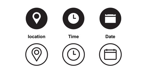Location, date and time line icons