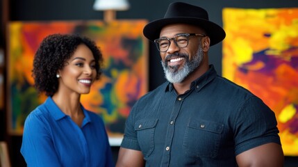 couple stands together in an art gallery, smiling and enjoying each others company amid colorful abstract paintings that enhance the lively setting