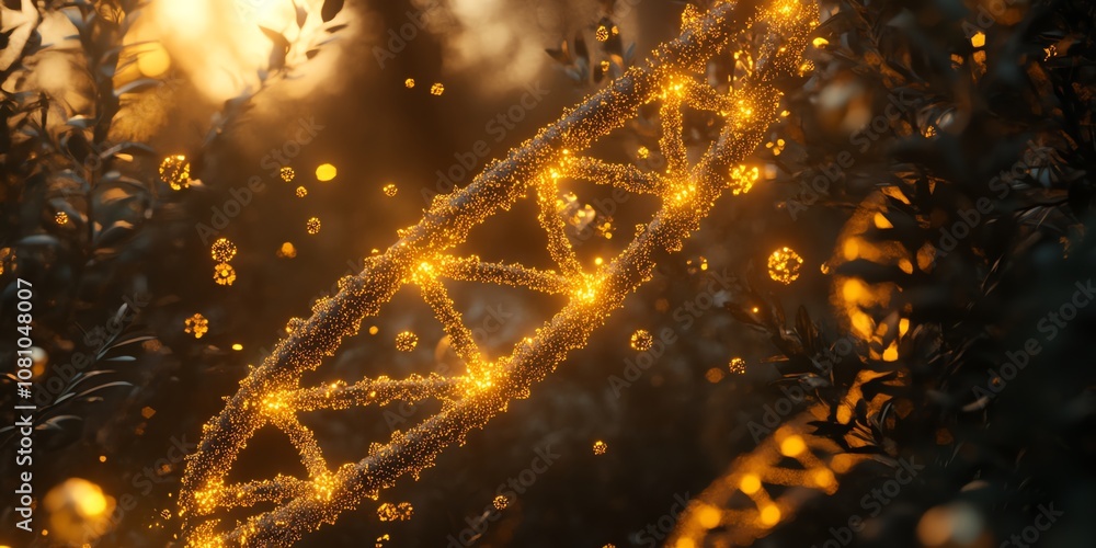 Poster a glowing golden dna strand in a dark forest, with particles of light floating around it.