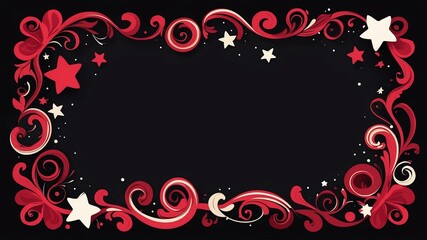 Cute crimson and ivory swirls with stars border frame on black background