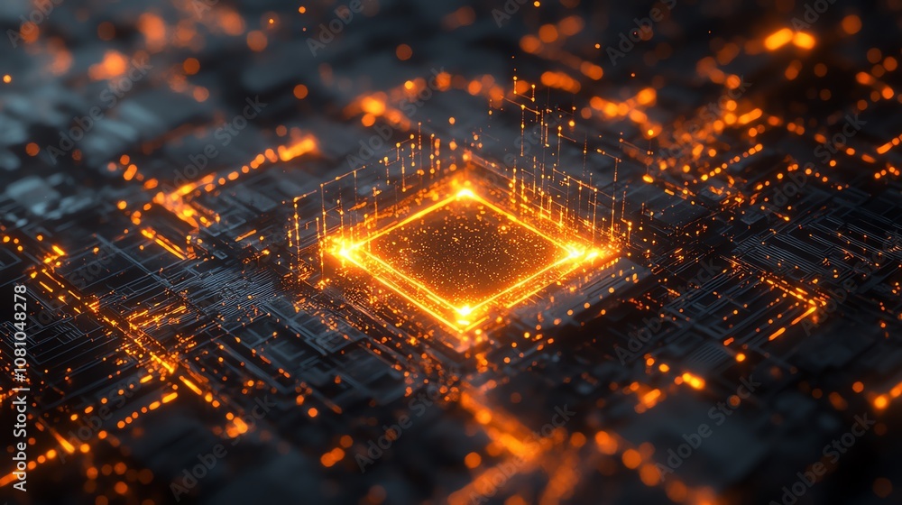 Poster A glowing orange square in the center of a circuit board with golden lines extending out from it.