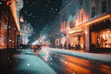 Snow falling on grafton street dublin ireland at christmas time