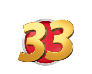 Gold Number 33 Gold Number Thirty Three On Rounded Red Icon with Particles 3d illustration
