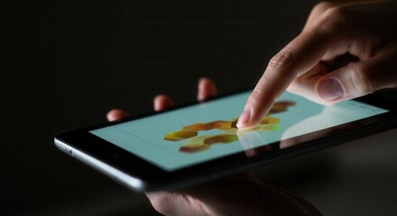 Finger touching screen of digital tablet in dim light