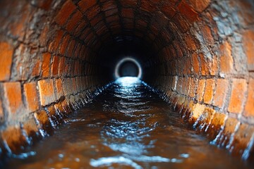 Water flowing in old brick sewer tunnel