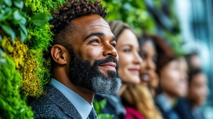 A diverse group of individuals stand against a lush, green wall, their expressions reflecting thoughtful contemplation and a connection to nature's serenity and vibrancy.