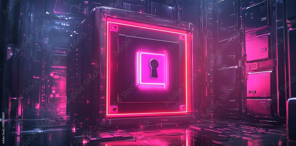 Poster a glowing pink neon keyhole symbol within a futuristic digital grid.
