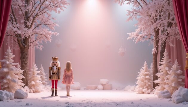 Nutcracker and Girl in Winter Wonderland Stage Set