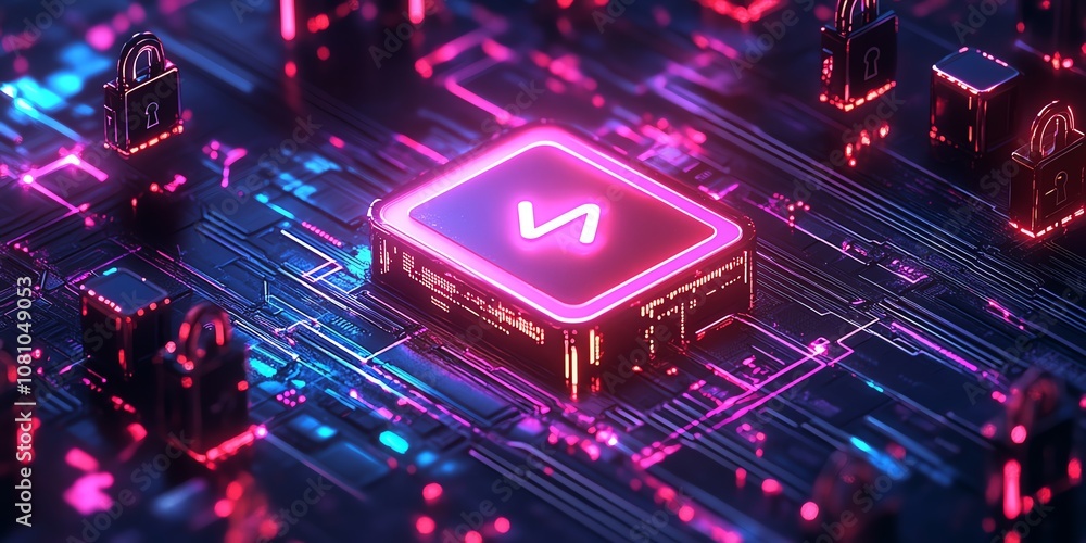Poster a glowing square with an arrow symbol surrounded by locks on a glowing circuit board.