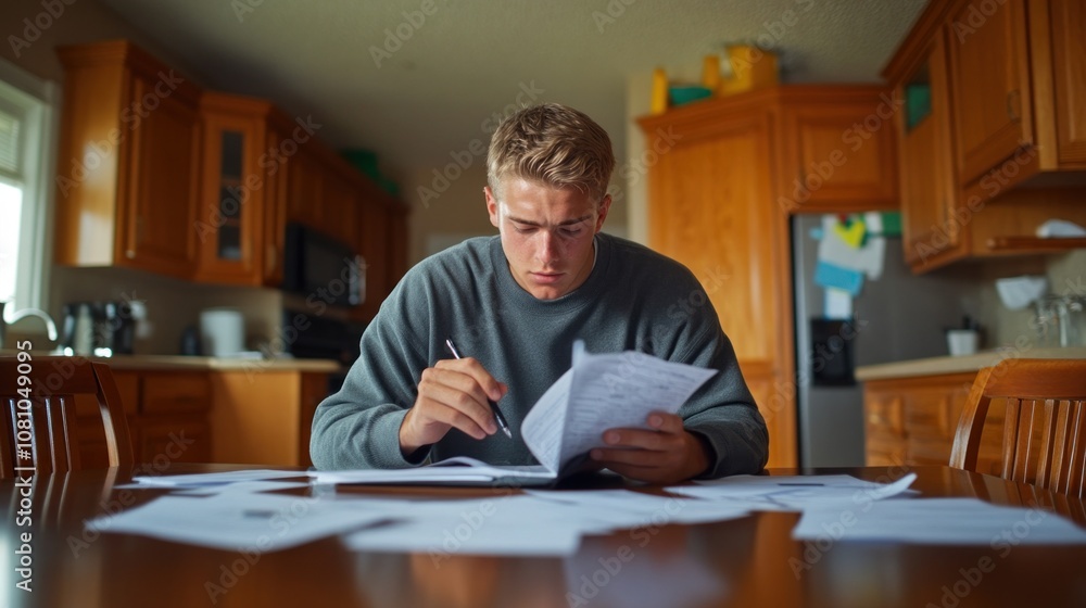 Poster a young man is focused on sorting through various papers while sitting at a wooden table in a warmly