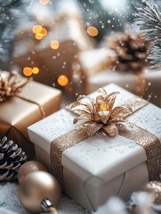 Elegant gold and white gift boxes, with shimmering decor for a festive New Year and Christmas celebration.