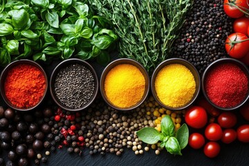 Fototapeta premium Colorful spices and herbs creating a culinary masterpiece on dark background