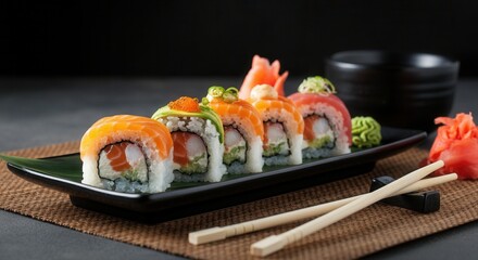 Assorted sushi platter on elegant black dish dark background