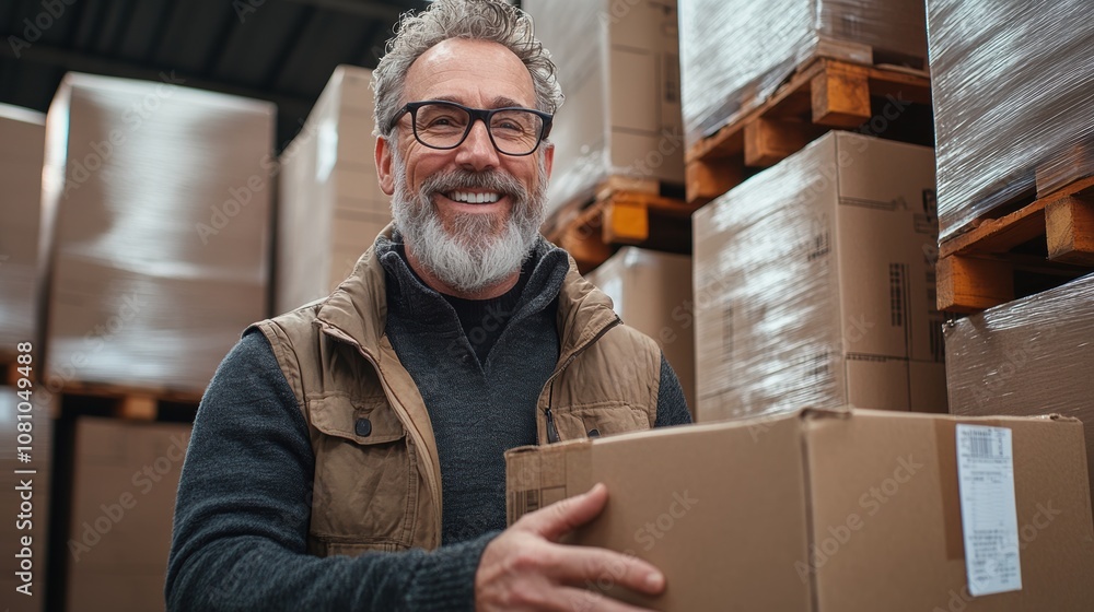 Aufkleber a cheerful man with glasses and a beard holds a package while surrounded by stacks of boxes in a bus
