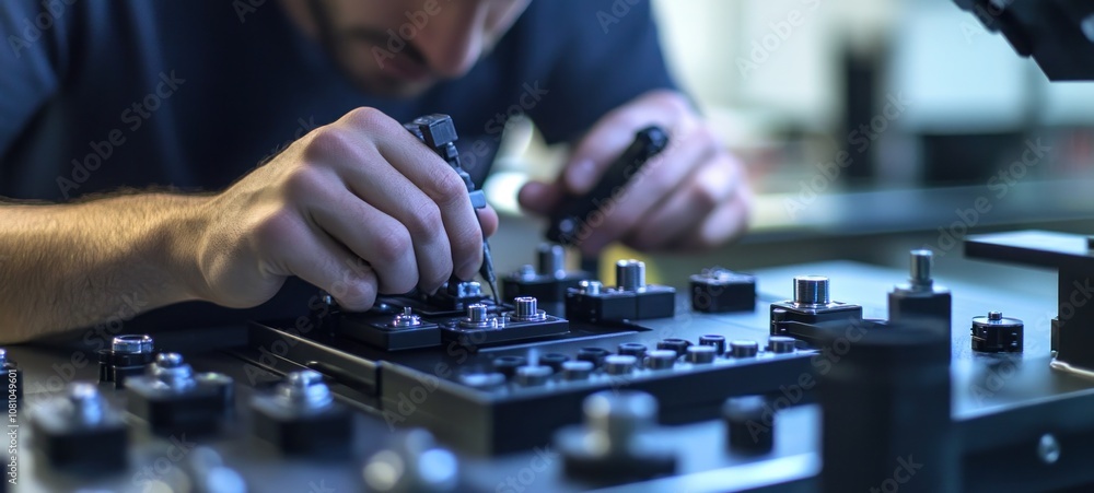 Poster precision engineering: a technician carefully assembles small components on a complex fixture