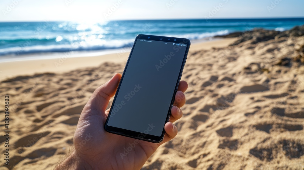 Poster hand holding a smartphone with blank screen on a beach, with ocean waves and sand in the background,