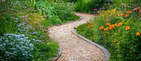 A winding gravel path through a lush garden with vibrant blooms.