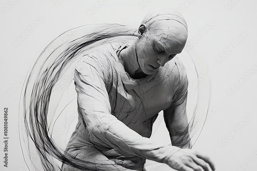 Poster A grayscale 3D render of a human figure with a swirling motion blur effect around it.