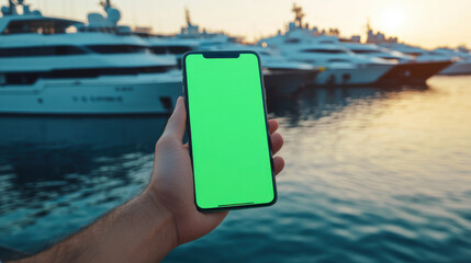 Mans hand holding a phone mockup with green screen, on the beach. Yacht marina on background.