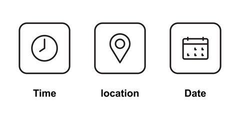 Location, date and time line icons