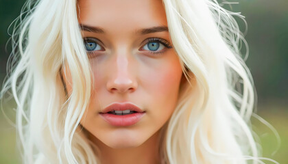 Fototapeta premium Stunning blonde woman with captivating blue eyes.