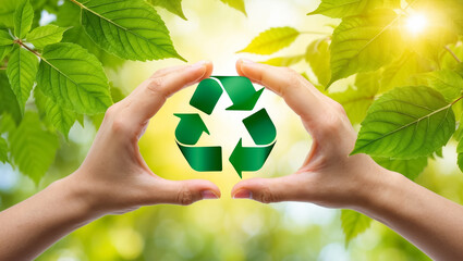 hand holding green symbol recycling in nature, leaves