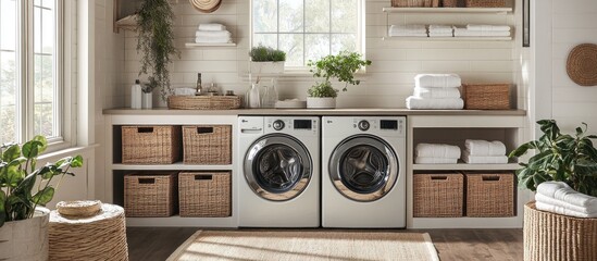 A modern laundry room with a white washer and dryer, wicker baskets, and plants.
