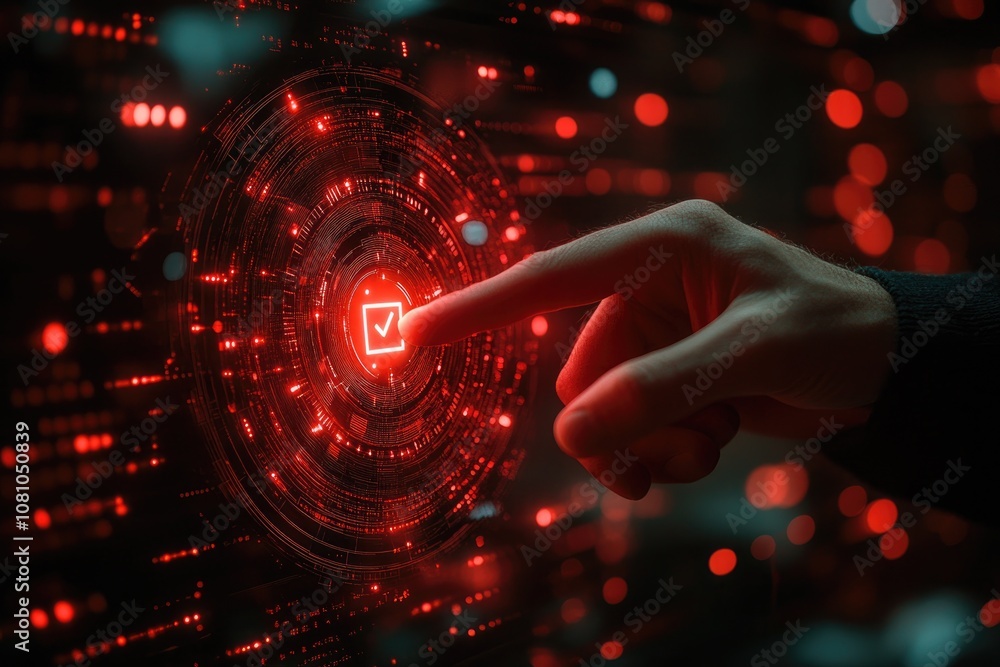Fototapete Programmer clicking virtual check mark on futuristic interface