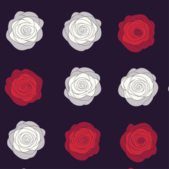 Seamless design of trendy pattern in pale gray and bright red floral rosettes on deep purple backdrop, modern wallpaper, artistic decor, vector illustration, trendy textile.