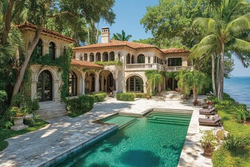 Fototapeta premium Luxury mediterranean villa overlooking ocean with swimming pool