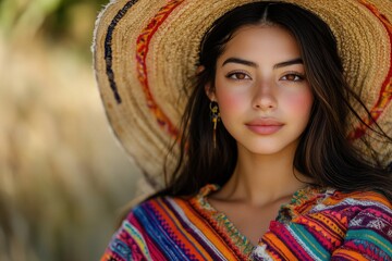 Latin american model posing with traditional sombrero and colorful poncho