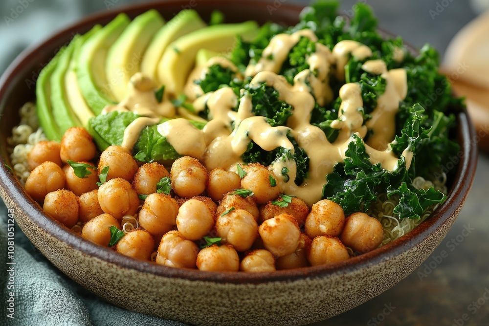 Wall mural Vegan lunch bowl with quinoa, chickpeas, kale and avocado promoting healthy eating habits