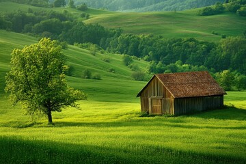 Obraz premium Wooden barn standing in green field with rolling hills and lush trees in background