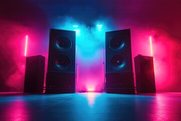 Professional audio speakers emit powerful sound waves in neon-lit venue