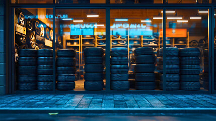 A store that sells car tires in various sizes displayed in the window, an auto equipment shop specializing in tires and other car parts.