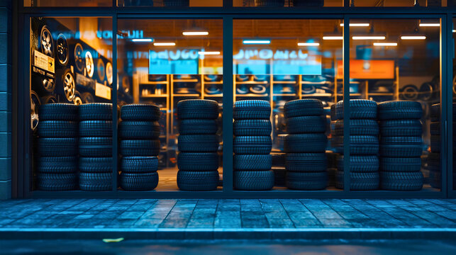 A store that sells car tires in various sizes displayed in the window, an auto equipment shop specializing in tires and other car parts.